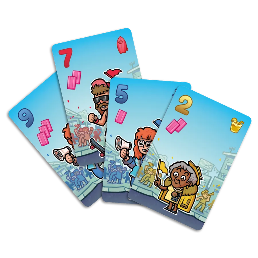 Four cheer cards with numbers 9, 7, 5 and 2, showing fans and bubble-gum icons