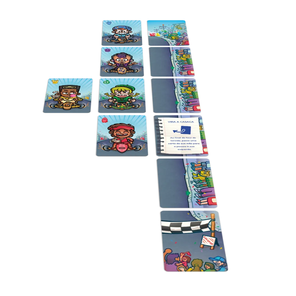 Rolimã set up on the table: five cart cards at the top of a column of hill cards, ending at the finish card